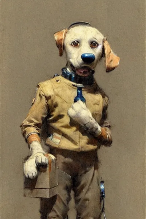 Image similar to (((((1950s boy and his robot box shaped k9 dog. muted colors.))))) by Jean-Baptiste Monge !!!!!!!!!!!!!!!!!!!!!!!!!!!