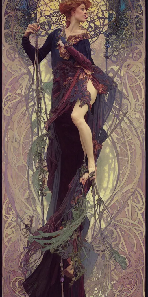 Image similar to Beautiful female wizard with blue rose velvet robes on a swing, wearing an intricate arcane makeup, searching for her soul, burning desire, epic cinematic, drama, action, digital art, art by Alphonse Mucha, Greg Rutkowski, Alex Ross, WLOP