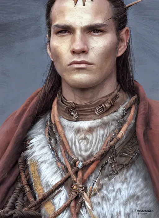 Prompt: a young shaman in his twenties with medium light brown hair tied back, a large forehead, a widows peak and a round face with high cheekbones as a realistic d & d fantasy character, portrait art by donato giancola and greg rutkowski, vintage retro, realistic face, digital art, trending on artstation