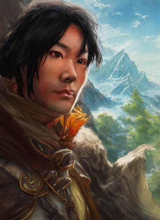 Image similar to asian with medium black hair man looking down at camera, low angle, camera low, dndbeyond, bright, colourful, realistic, dnd character portrait, full body, pathfinder, pinterest, art by ralph horsley, dnd, rpg, lotr game design fanart by concept art, behance hd, artstation, deviantart, hdr render in unreal engine 5