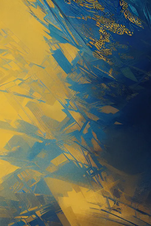 Image similar to art deco abstrct patterns, blue and gold, 8 k, powerfull, intricate, elegant, volumetric lighting, digital painting, highly detailed, artstation, sharp focus, illustration, concept art, ruan jia, steve mccurry, beksinski