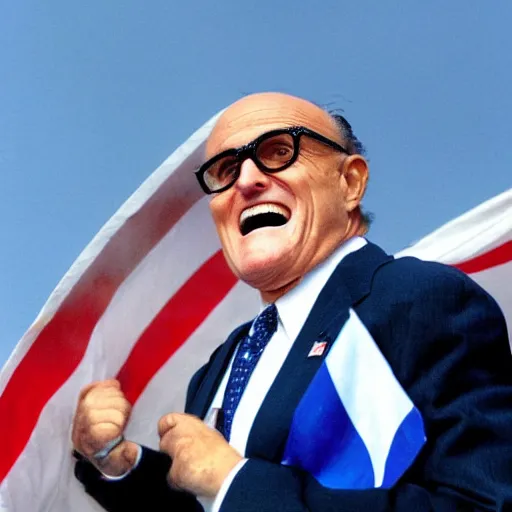 Prompt: a closeup of Rudy Giuliani waving an Israeli flag while laughing hysterically on top of the world trade center rubble pile in new york