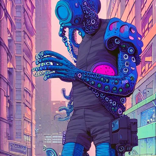 Image similar to A cyberpunk octopus cyborg eats on the street of a cyberpunk city art by Josan Gonzalez, sci-fi, highly detailed, digital painting, artstation, smooth, sharp focus, illustration, concept art by Josan Gonzalez and James Gurney and Mœbius