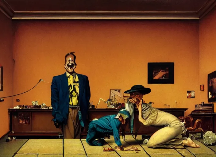 Prompt: a still from the film frank by francis bacon, surreal, norman rockwell and james jean, greg hildebrandt, and mark brooks, triadic color scheme, by greg rutkowski, in the style of francis bacon and syd mead and edward hopper and norman rockwell and beksinski, dark surrealism, open ceiling