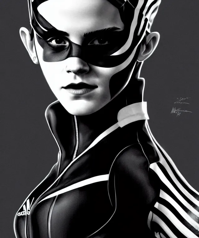 Image similar to a detailed fifty mm portrait of emma watson as a catwoman in a black adidas track suit with white stripes, highly detailed, digital painting, artstation, concept art, sharp focus, cinematic lighting, illustration, art by met mangindaan, artgerm and greg rutkowski, alphonse mucha, cgsociety