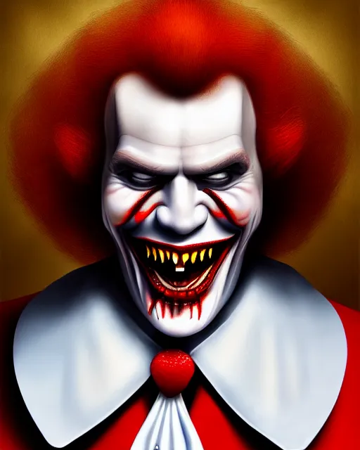 Prompt: dracula ronald mcdonald, character portrait, close up, concept art, intricate details, highly detailed, photorealism, hyperrealism in the style of otto dix and h. r giger