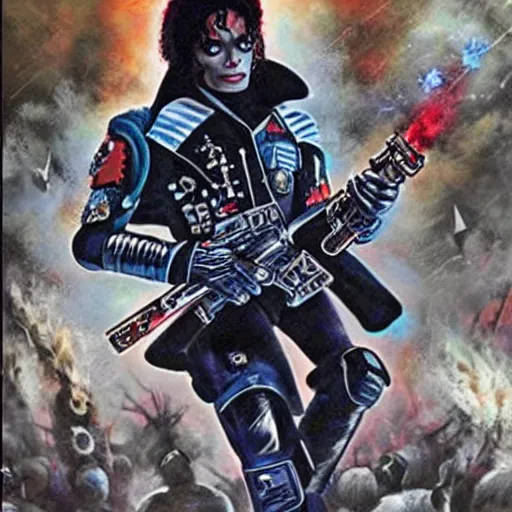 Prompt: thriller - era michael jackson as a space marine in the warhammer 4 0 k universe