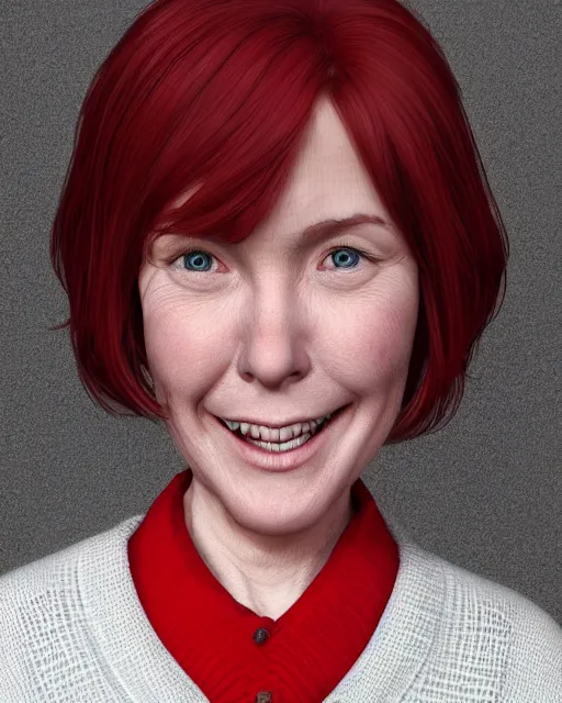 Image similar to portrait of happy short and plump 5 0 - year - old woman with red hair and, kind face, round face, short hair, wearing in cardigan, hyper realistic face, beautiful eyes, character art, art by mark brooks, hyperdetailed, cryengine, trending on artstation, digital art