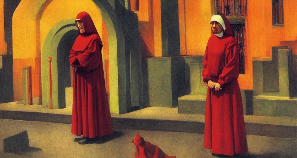 Prompt: portrait of a nun outside of the red light discrict, glowing with silver light, color by Franz Marc, highly detailed architecture by Jean-Léon Gérôme, by Winsor McCay, today's featured photograph, 16K