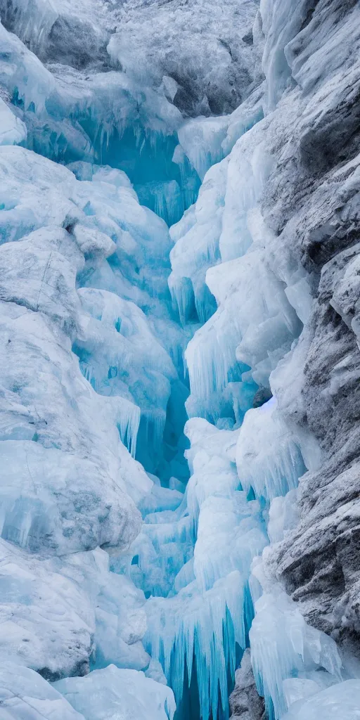 Image similar to a frozen canyon, covered in ice, in the style of reuben wu,