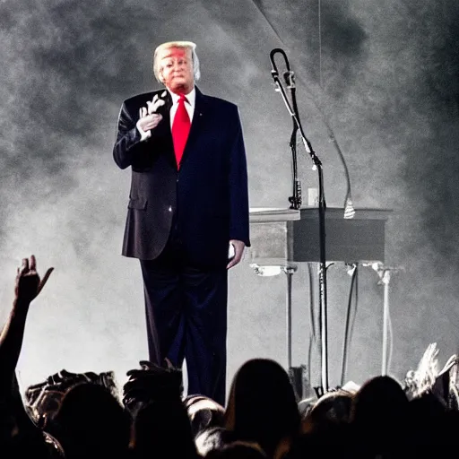 Image similar to donald trump on stage as the lead vocalist in a black metal band