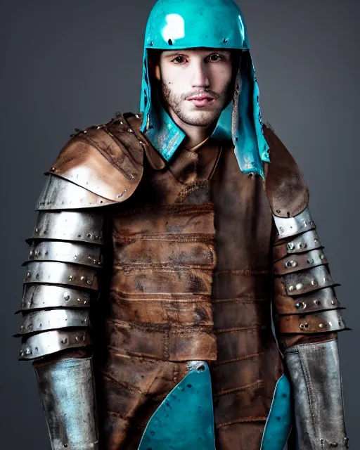Image similar to an award - winning photo of a ancient male model wearing a baggy teal distressed medieval menswear leather jacket slightly inspired by medieval armour, 4 k, studio lighting, wide angle lens