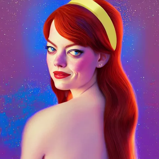 Prompt: digital painting of Emma Stone as a Disney princess wearing snow white's dress, Pixar style, professional studio lightening, volumetric lightening, photorealism by Tristan Eaton Stanley Artgerm and Tom Bagshaw