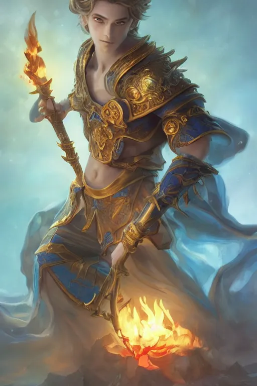 Image similar to legendary fairy prince hold flame staff, blue energy, highly detailed, d & d, fantasy, highly detailed, digital painting, trending on artstation, concept art, sharp focus, illustration, global illumination, ray tracing, realistic shaded, art by artgerm and greg rutkowski and fuji choko and viktoria gavrilenko and hoang lap