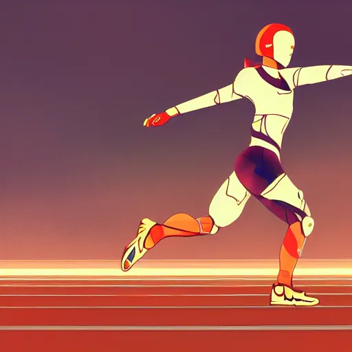 Image similar to Female athlete sprinter in a race with cyborg legs, cinematic stillframe, diesel punk, art deco stadium, artstation, contrasty, anime, otomo