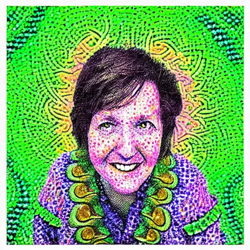 Prompt: “Margaret Stewart and her leprechaun get stuck in a fractal vortex. Pointillism”