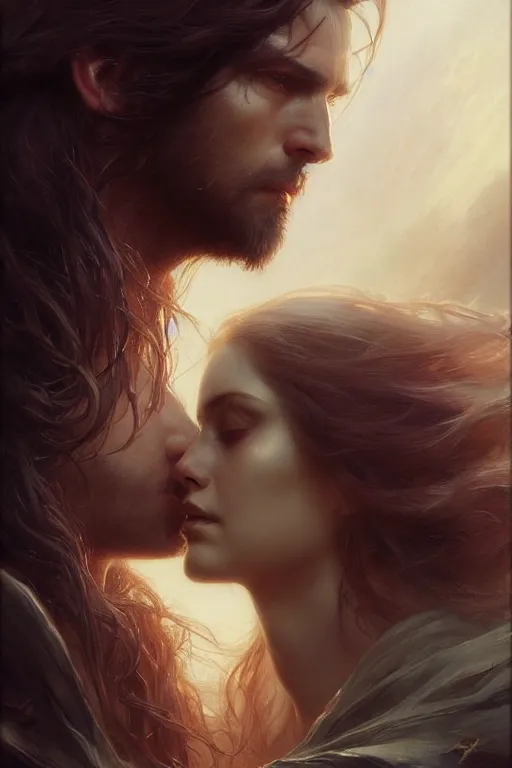 Prompt: portrait of a beautiful long hair woman and handsome man looking to each other embracing, high detail, partially in shadow, dark fantasy, sci - fi vibe, face, by gaston bussiere, bayard wu, greg rutkowski, auguste bourotte, bastien deharme, masterpiece, sharp focus, cinematic lightning