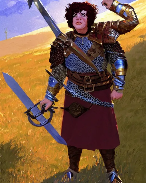 Image similar to beverly toegold the fifth, epic level dnd male halfling nature verdant paladin, wielding the golden holy avenger sword, wearing magical gleaming chainmail armor. full character concept art, realistic, high detail digital gouache painting by angus mcbride and michael whelan and jeffrey jones