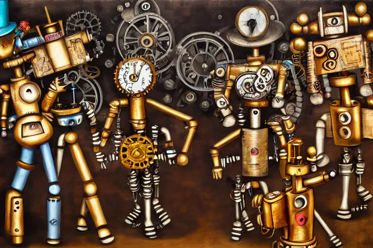 Prompt: steampunk robots dancing by otto dix, 4 k