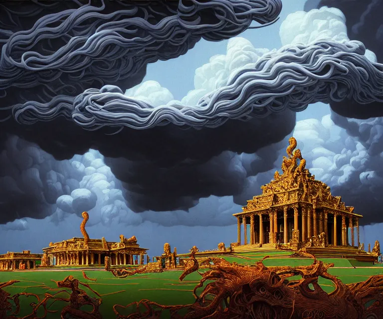 Prompt: hyper detailed 3d render like a Oil painting - ornate temple of the serpent god, dramatic stormy sky in background, oppressive, by P. Craig Russell and Barry Windsor-Smith, Houdini algorithmic generative render, Abstract brush strokes, Masterpiece, Alfred Charles Parker, Edward Hopper, Wes Anderson, Rolf Armstrong, Tim Doyle, Greg Hildebrandt, Jeremiah Ketner, Tim Okamura, Osamu Tezuka, Tom Whalen, Chip Zdarsky, hints of Coles Phillips, octane render, 8k