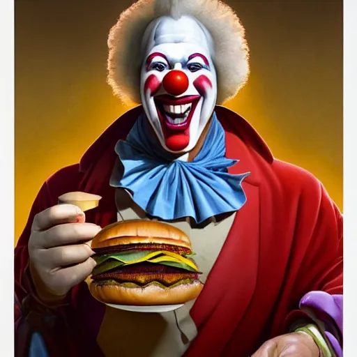 Prompt: portrait of chevy chase in clown makeup eating hamburgers, extra onions and ketchup, luscious patty with sesame seeds, ethereal, handsome, d & d, fantasy, intricate, elegant, highly detailed, digital painting, artstation, concept art, matte, sharp focus, illustration, art by artgerm and greg rutkowski and alphonse mucha