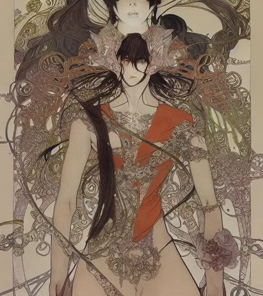 Image similar to yoshitaka amano anime painting, intricate line drawings, pen and ink, alphonse mucha, claire wendling, kentaro miura, ruan jia