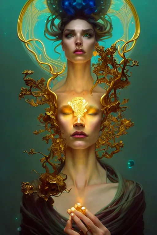 Prompt: portrait, bioluminescent druid, cyberpunk, elegant baroque, asymmetrical art, hyperrealism, colorful, vivid, imposing, epic, abstract texture, gold leaf texture, artstation, concept art, by peter mohrbacher and wlop and rhads and artgerm and magali villeneuve and alphonse mucha