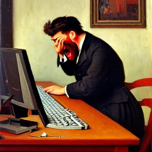 Image similar to an angry man yells at his computer monitor, oil on canvas, 1 9 0 1