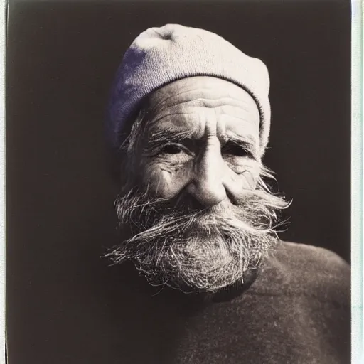 Image similar to polaroid photo of an older man, about 7 0 years old, with wrinkles on his face, looking towards infinity with a sad look, a two - day beard and a woolen cap while his lips are chapped by the sun, as well as his dark complexion