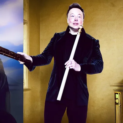 Image similar to Elon Musk wearing a wizard outfit and holding a magic staff, highly detailed, high quality, HD, 4k, 8k, Canon 300mm, professional photographer, 40mp, lifelike, top-rated, award winning, realistic, sharp, no blur, edited, corrected, trending