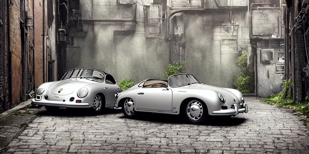 Prompt: a wholesome animation key shot of a focused old silver Porsche 356 roadster car parked in an abandoned alleyway, medium shot, waist up, studio Ghibli, Pixar and Disney animation, sharp, very detailed, high resolution, Rendered in Unreal Engine 5, anime key art by Greg Rutkowski, Bloom, dramatic lighting