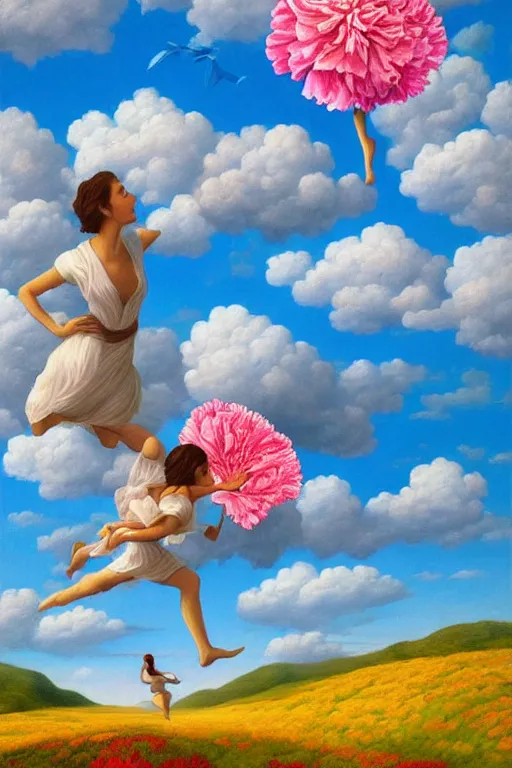 Prompt: closeup, giant carnation flower head, woman flying, surreal, clouds in sky, impressionist painting, digital painting, artstation, rob gonsalves