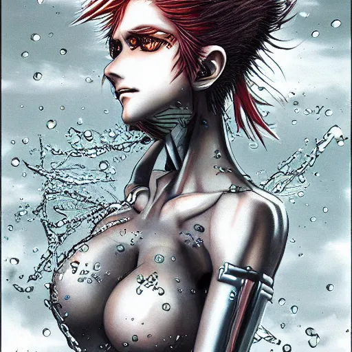 Prompt: anime drawing of a punk cyborg woman, water particles floating in the air, finely detailed facial features, weathered drawing, film grain, painted art by satoshi kon, katsuhiro otomo, kentaro miura