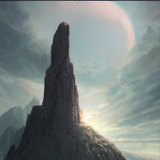 Image similar to pulp fantasy concept art painting of an alien monolith hovering over alien civilization, by greg rutkowski and james gurney