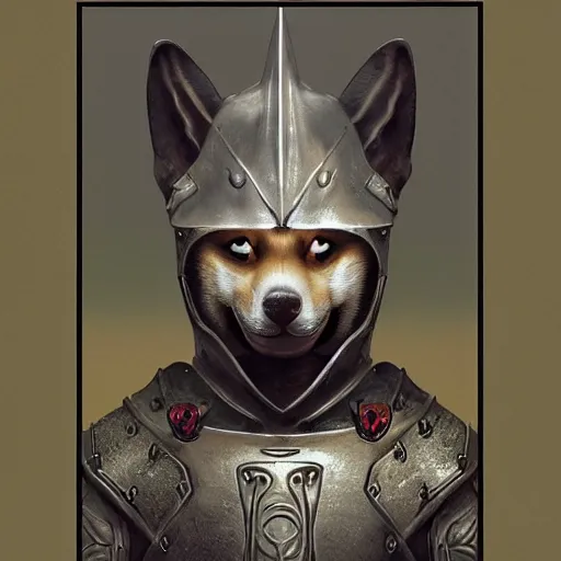 Image similar to game : gothic 2 paladin armor, anthropomorphic shiba inu, shiba inu face, stuning 3 d render, masterpiece, glowing aura, by donato giancola and greg rutkowski and wayne barlow and zdzisław beksinski, realistic face