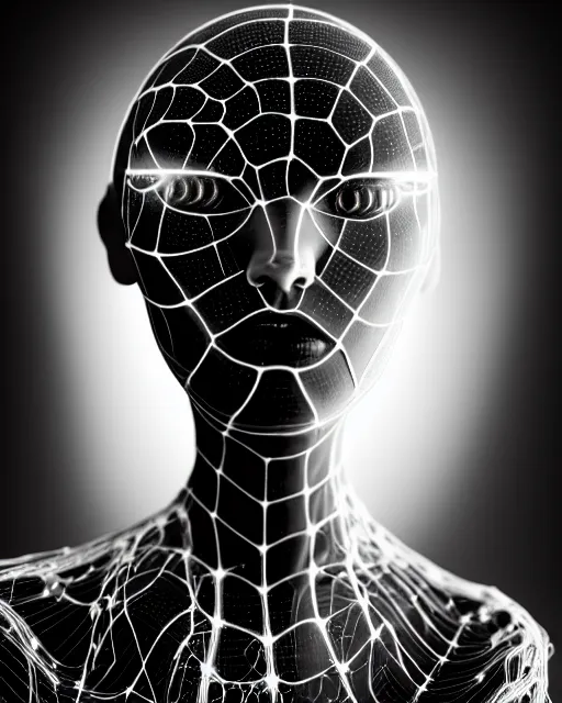 Image similar to black and white cyborg-plant goddess high quality fashion portrait, artificial intelligence, bio-mechanical bio-luminescence, artificial spider web, neurons, nerve cells, octane render, cinematic, hyper realism, photo-realistic, high detail, 8k, in the style of Steven Meisel and Dora Maar and H.G. Giger