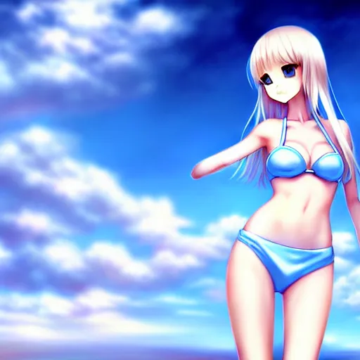 Image similar to tiny father a tall daughter picture : a very beautiful young blond anime girl, sky blue eyes, bikini, white miniskirt, highly detailed, cinematic wallpaper by stanley artgerm lau