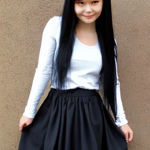 Image similar to pretty short girl with long straight hair, skirt, long sleeve band shirt