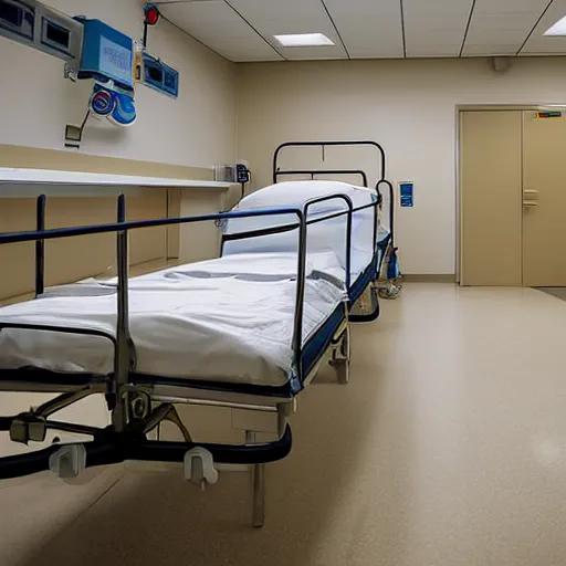 Prompt: empty hospital, empty hospital bed, hospital color photograph