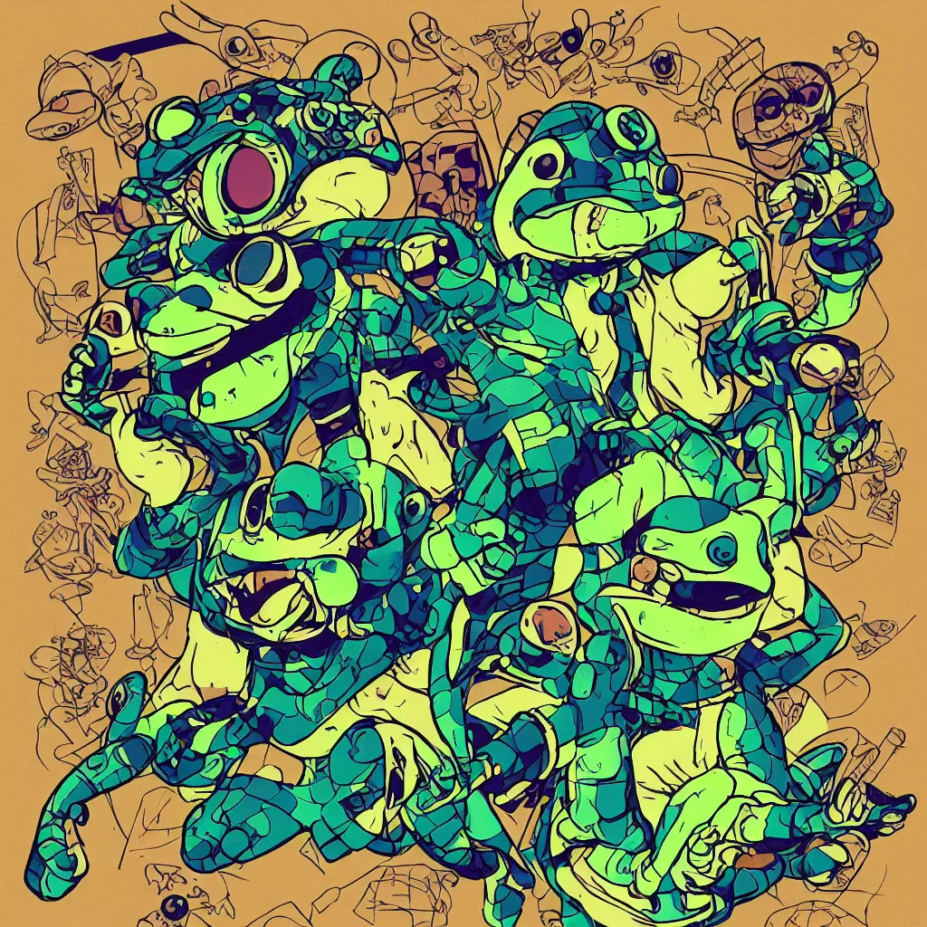 Image similar to toad head, ryuta ueda artwork, breakcore, style of jet set radio, y 2 k, gloom, space, cel - shaded art style, frogs, amphibians, sacred geometry, data, minimal, code, cybernetic, dark, eerie, cyber