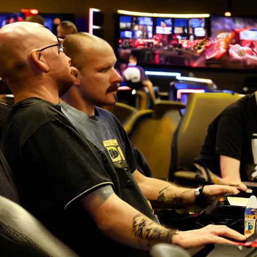 Prompt: walter white intensely gaming at esports tournament infront of crowd