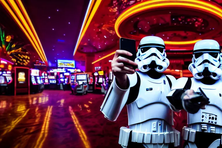 Image similar to a photo of two stormtroopers taking a selfie in las vegas casino, ultra wide shot, 2 4 mm, bokeh, blurred background, colorful lights, golden ratio, sci fi, fantasy, cyberpunk, intricate, decadent, highly detailed, digital painting, octane render, artstation, concept art, smooth, sharp focus, illustration, art by loish, wlop