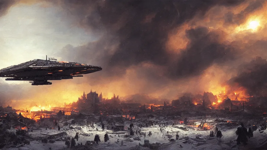 Prompt: star destroyer hovering over a burning destroyed city in snowy valley by eugene von guerard, ivan shishkin, dramatic lighting, concept art, trending on artstation, 8 k