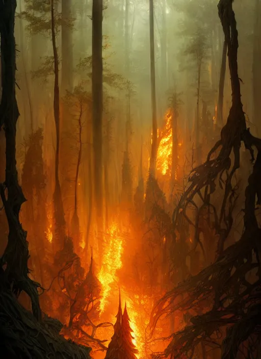 Image similar to burning forest inhabited by elves, d & d, fantasy, intricate, elegant, highly detailed, digital painting, artstation, concept art, smooth, sharp focus, illustration, art by artgerm and greg rutkowski and alphonse mucha