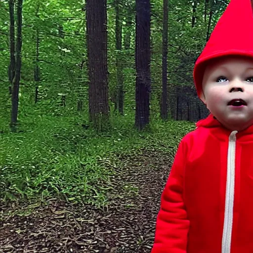 Image similar to bad quality screenshot of a leaked video of a small person dressed as gnome looking at me at a forest trail, photo taken from far away, night time, bright camera flash, camera shaking, disturbing, very scary, realistic, very disturbing, ultrarealistic, 480p, scary