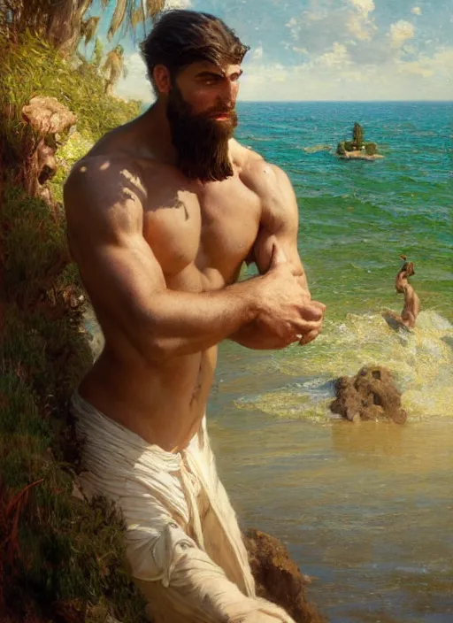 Image similar to detailed cinematic wide shot of muscular attractive young aztecc man beard slim face symmetrical face tanskin green eyes white hair wearing sea clothes, ultra realistic, spring light, painting by gaston bussiere, craig mullins, j. c. leyendecker