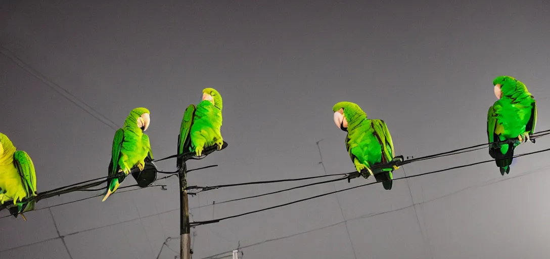 Prompt: a 3 5 mm photography at night, camera with strong flash on, of a lot of green parrots on the power lines taken by yoshinori mizutani - h 9 6 0