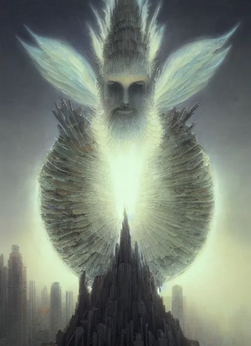 Image similar to giant white glowing angel rising above foggy city by wayne barlowe, wes anderson, roger dean, mikalojus konstantinas ciurlionis and wadim kashin, rich moody colours, 90-s anime, ethereal, lo-fi retro videogame