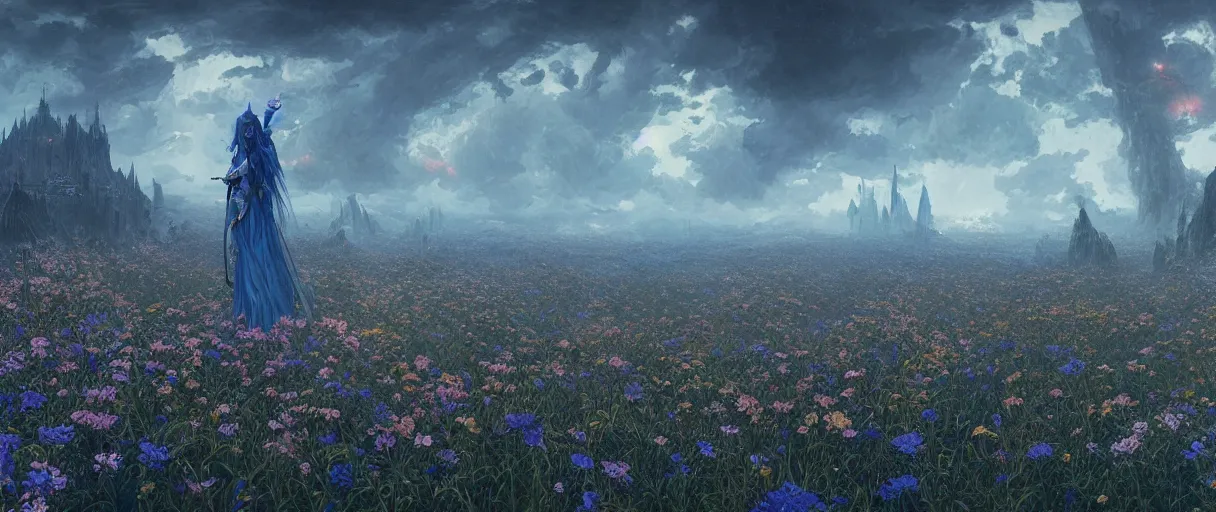 Image similar to panorama of beautiful gothic landscape, warhammer, japanic style, cyberpunk, thunderstorm, more and more flowers, blue head, the middle ages, highly detailed, artstation, illustration, art by jean delville, 8 k quality, artwork by tooth wu and wlop and beeple and greg rutkowski