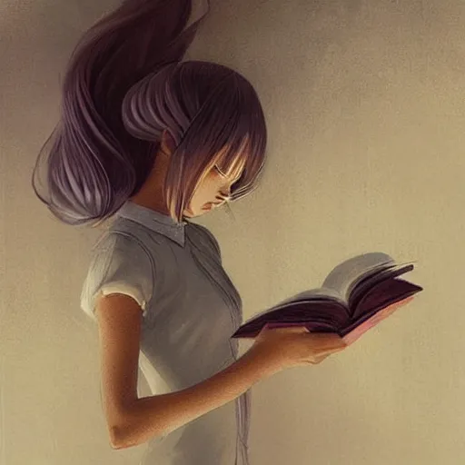 Prompt: a girl reading a book!!!, hair flowing down, symmetric, anatomically correct!, by hayao miyazaki, greg rutkowski